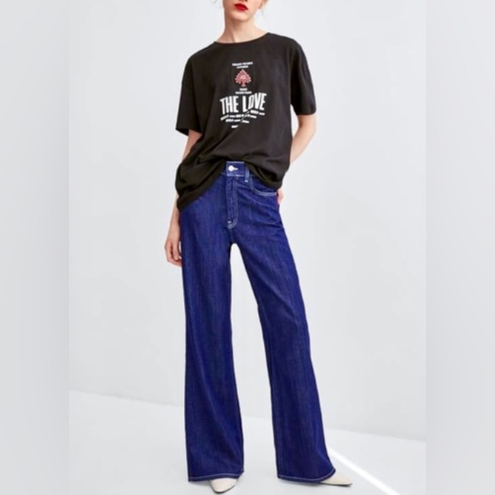 M 🔖 ZARA Rhinestone Appliqué Embellish T-Shirt Black The Love Romance 1501/315